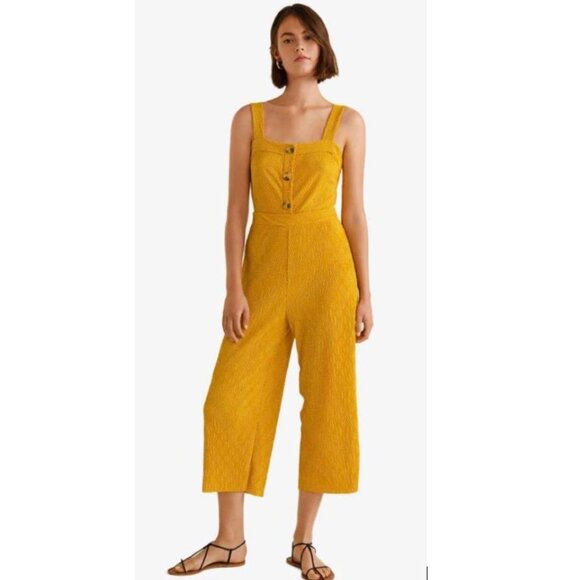 Mango | Cropped Wide Leg Polka Dot Jumpsuit in Mustard Yellow | Size Small - Picture 2 of 10